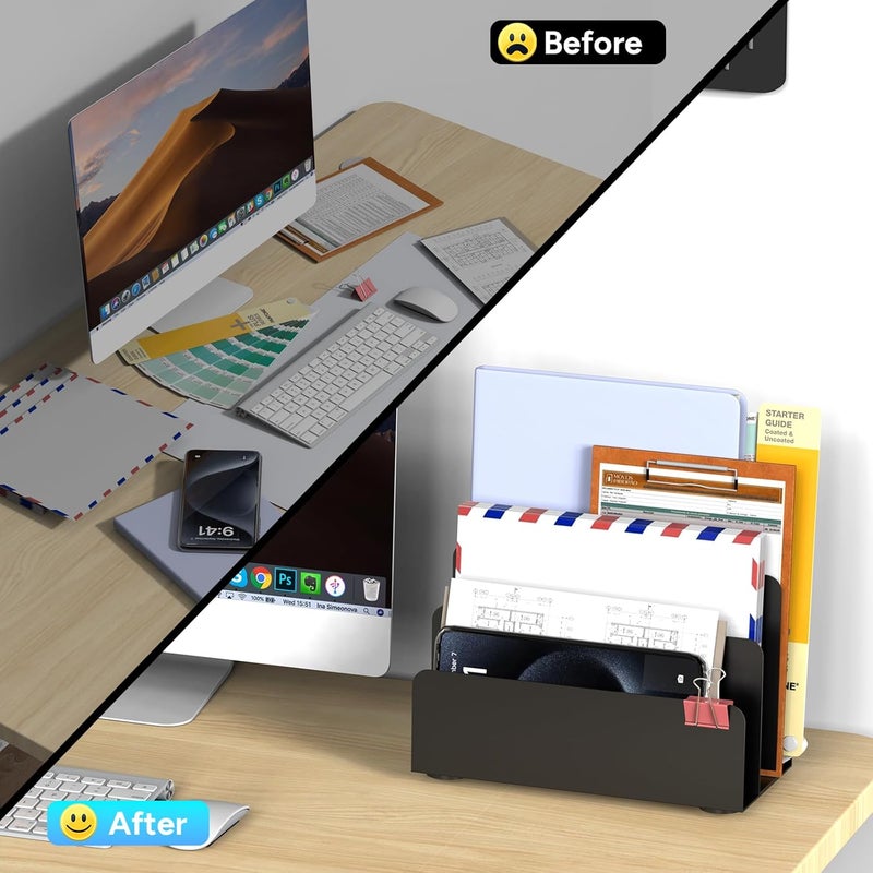 OUTIOE Mail Organizer Countertop, Small Desk File Organizer, Metal File Holder - Essential Workspace Organizers for Office Desk, Home Office (Black) - Image 2